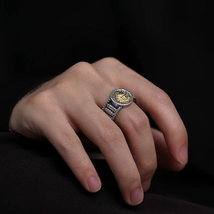 Wealth &amp; Blessing Yellow Jambhala &amp; Spinning Mantra Wheels Adjustable Ring - Sterling silver ring worn on finger