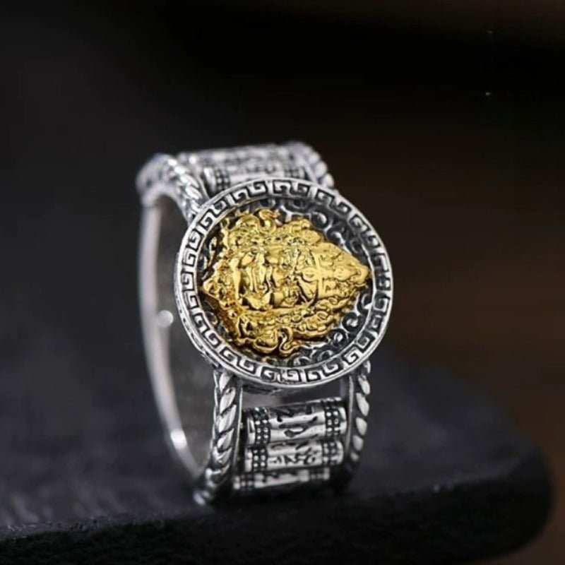 Wealth & Blessing Yellow Jambhala & Spinning Mantra Wheels Ring - Sterling silver adjustable ring with engraved symbols