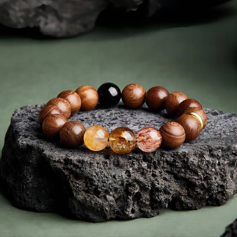Wealth Flow & Protection Sandalwood And Crystal Bracelet - Clarity • Grounding • Momentum - front view prop-styled shot