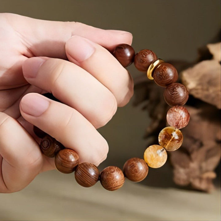 Wealth Flow &amp; Protection Sandalwood And Crystal Bracelet - Clarity • Grounding • Momentum - on-hand shot