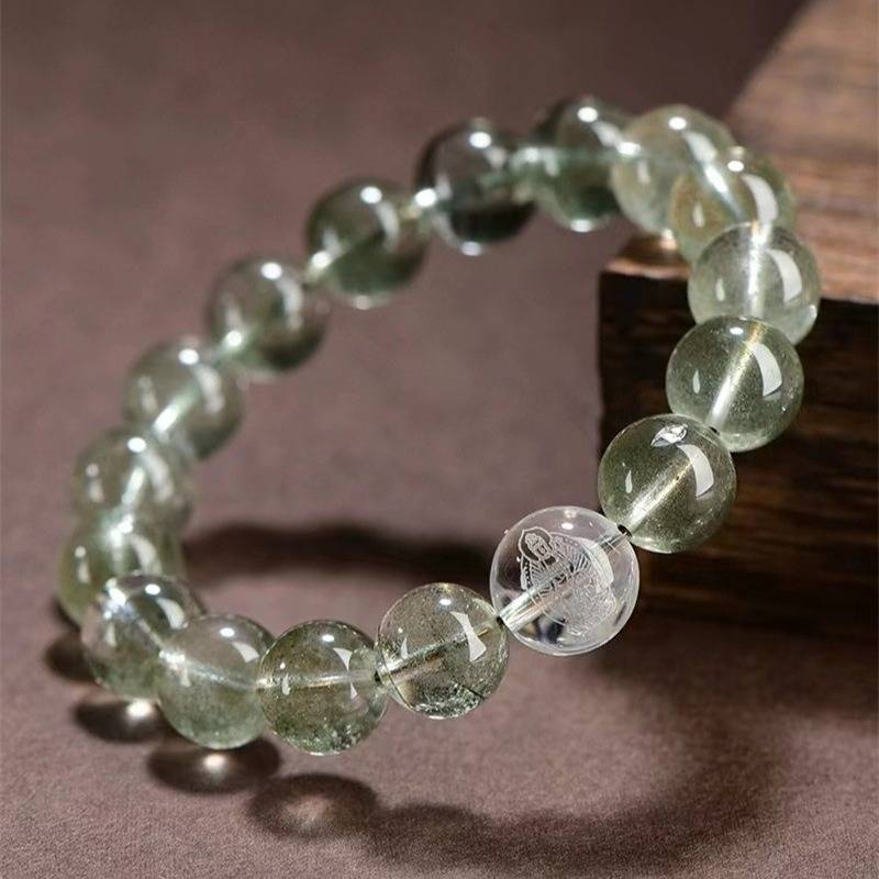 Wealth Guardian Chinese Zodiac Buddha Charm Bracelet - side view staged shot with green phantom crystal main beads