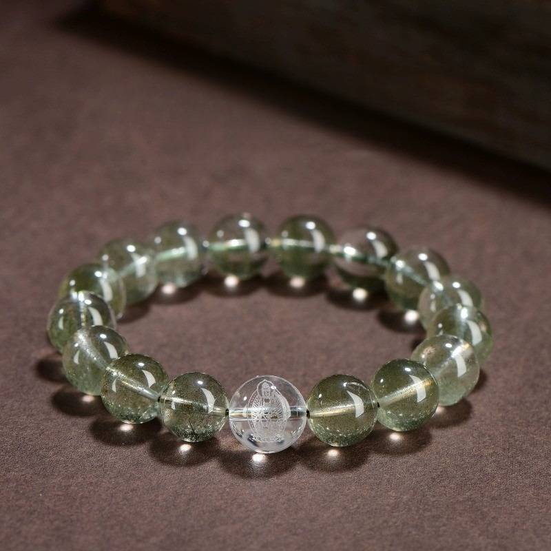 Wealth Guardian Chinese Zodiac Buddha Charm Bracelet - front view staged shot with green phantom crystal main beads