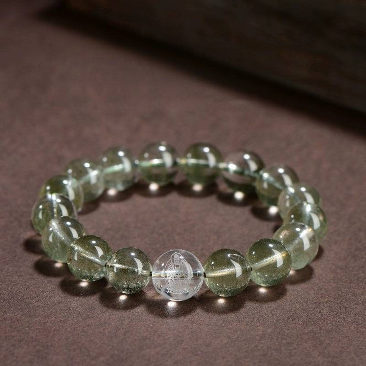 Wealth Guardian Chinese Zodiac Buddha Charm Bracelet - front view staged shot with green phantom crystal main beads