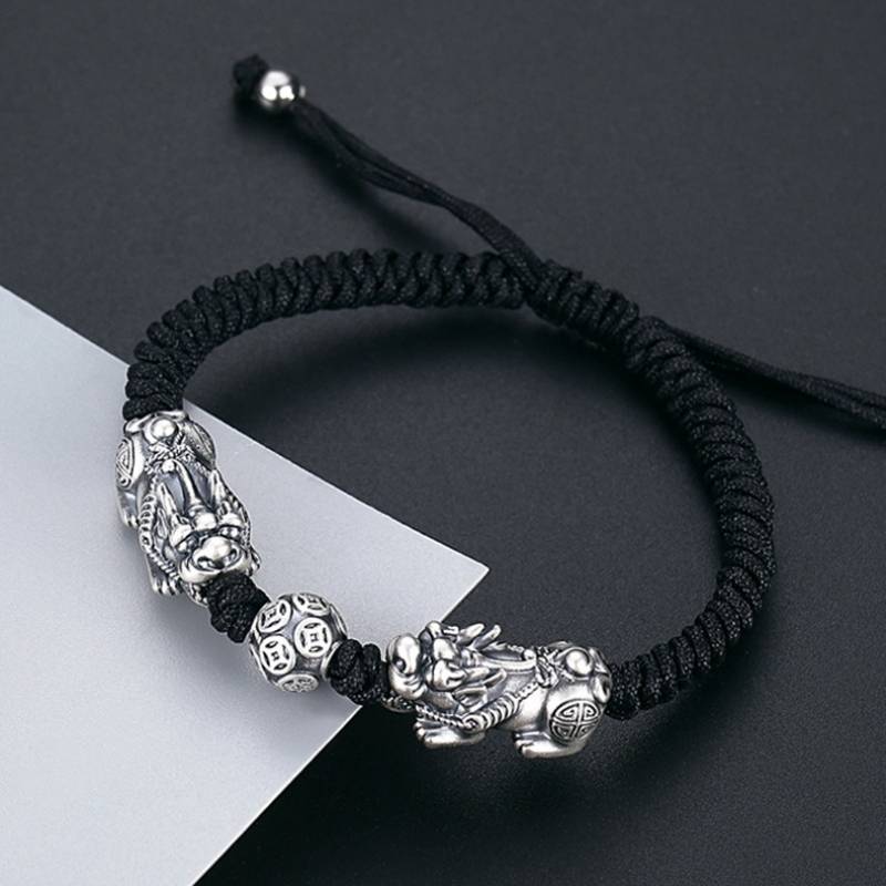 Wealth Guardian Double Sterling Sliver Pixiu Bracelet - Fortune • Prosperity • Abundance - top view shot