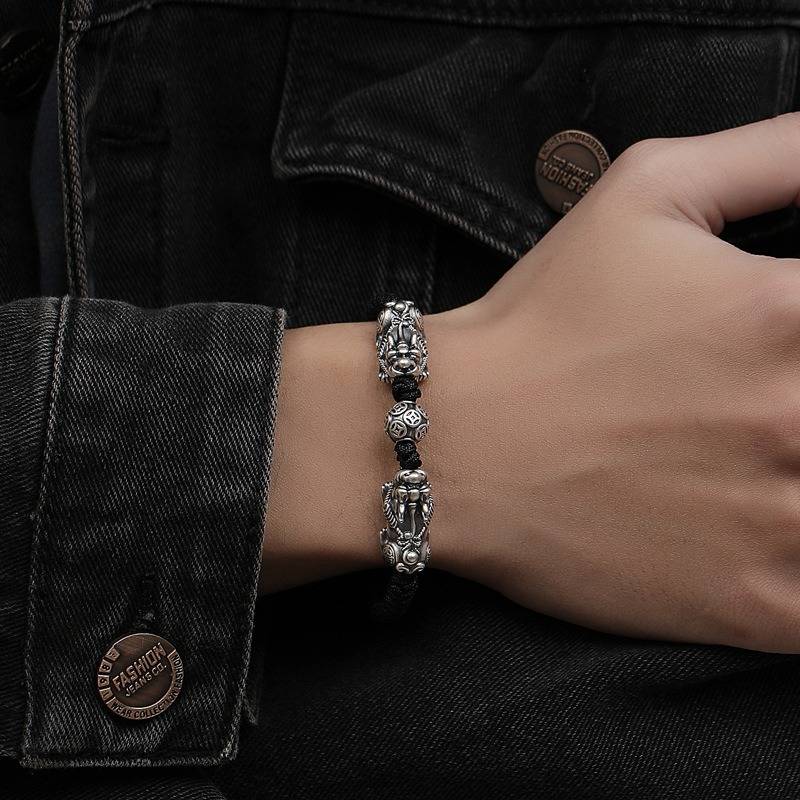 Wealth Guardian Double Sterling Sliver Pixiu Bracelet - Fortune • Prosperity • Abundance - on-wrist shot