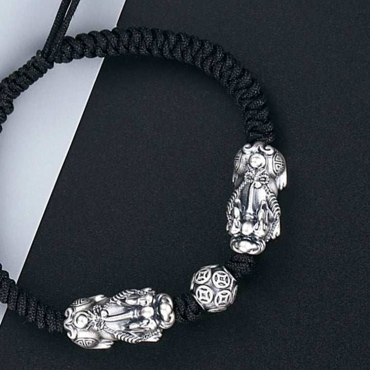 Wealth Guardian Double Sterling Sliver Pixiu Bracelet - Fortune • Prosperity • Abundance - close-up shot