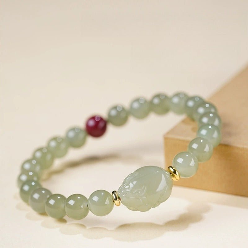 Wealth Guardian Jade Pi Yao Bracelet - Calm &amp; Protection - close-up shot for master bead