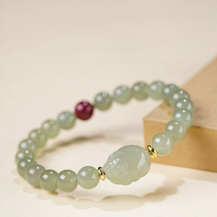 Wealth Guardian Jade Pi Yao Bracelet - Calm &amp; Protection - close-up shot for master bead