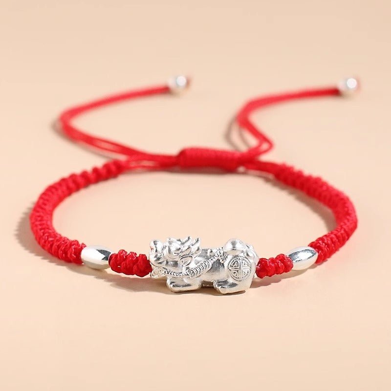 Wealth Guardian Pi Yao Charm Bracelet - Peace &amp; Protection - Staged shot of red style