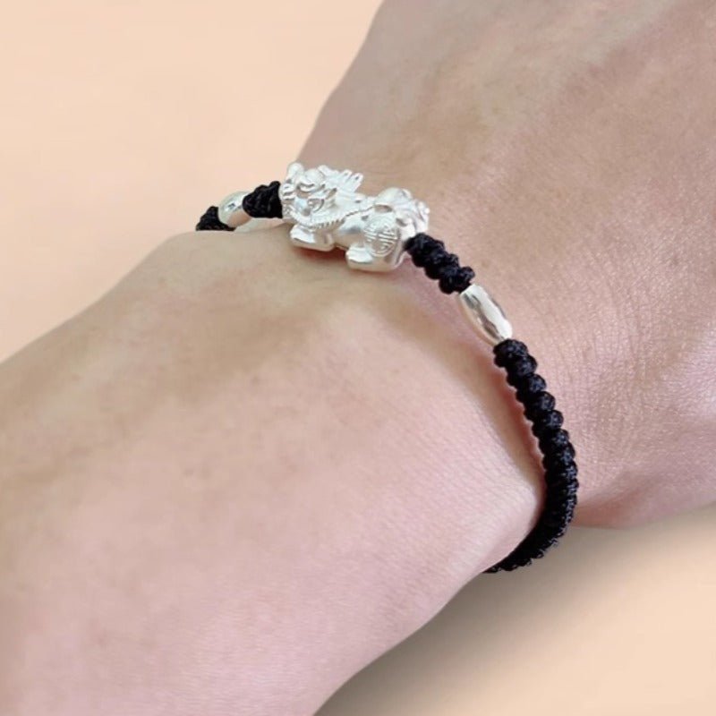Wealth Guardian Pi Yao Charm Bracelet - Peace &amp; Protection - On wrist wearing display of black style