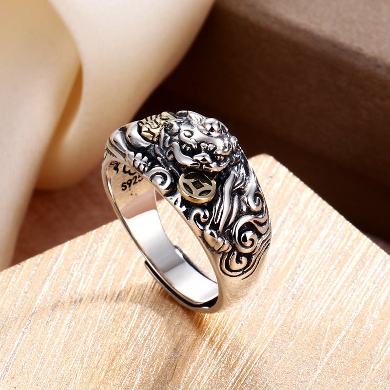 Wealth Guardian Pixiu Adjustable Ring - prop styling shot of sterling silver ring&