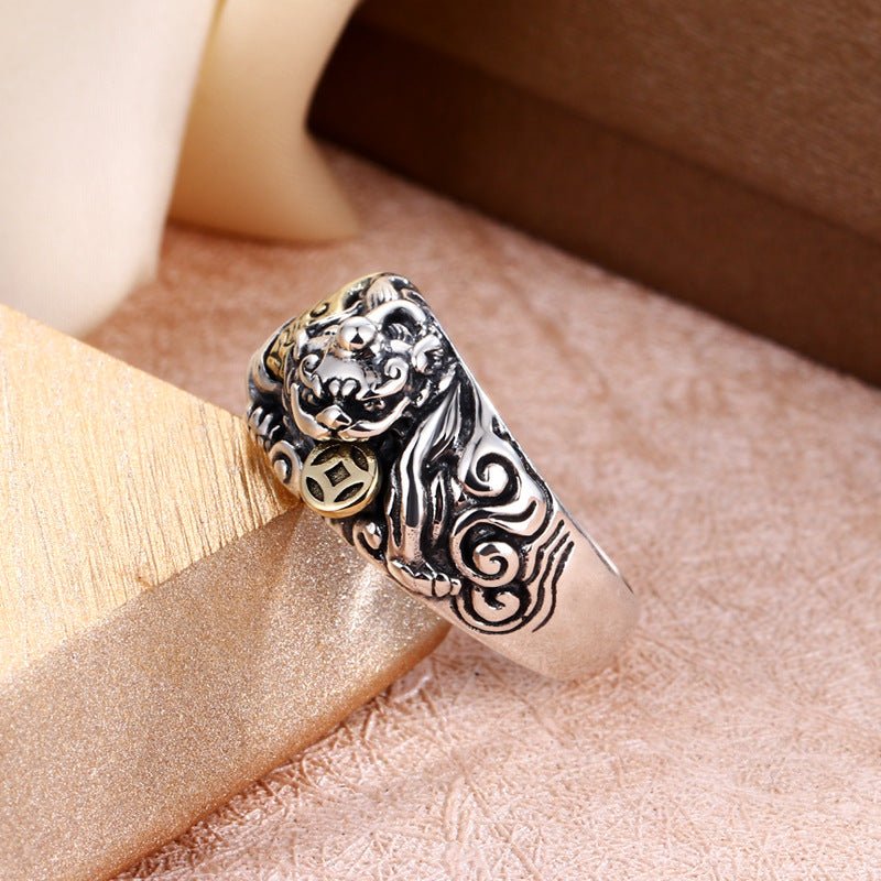 Wealth Guardian Pixiu Adjustable Ring - Good Fortune &amp; Safeguarding - staged shot of sterling silver ring&