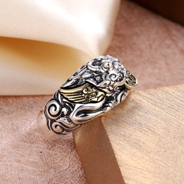 Wealth Guardian Pixiu Adjustable Ring - Good Fortune &amp; Safeguarding - close up shot of sterling silver ring&