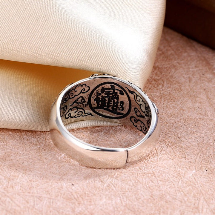 Wealth Guardian Pixiu Adjustable Ring - close-up of sterling silver ring&