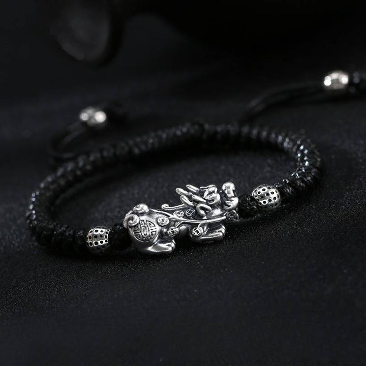 Wealth Guardian Pixiu Bracelet - Fortune &amp; Security - black string with sliver Pixiu