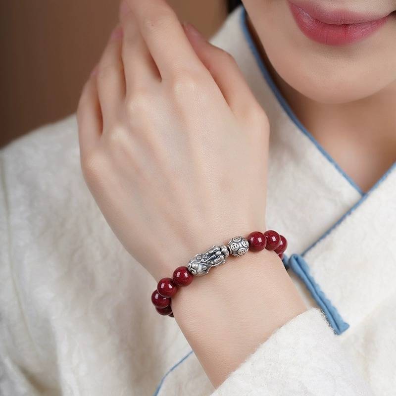 Wealth Guardian Pixiu Cinnabar Bracelet - Peace & Auspicious Fortune - on-wrist wearing display