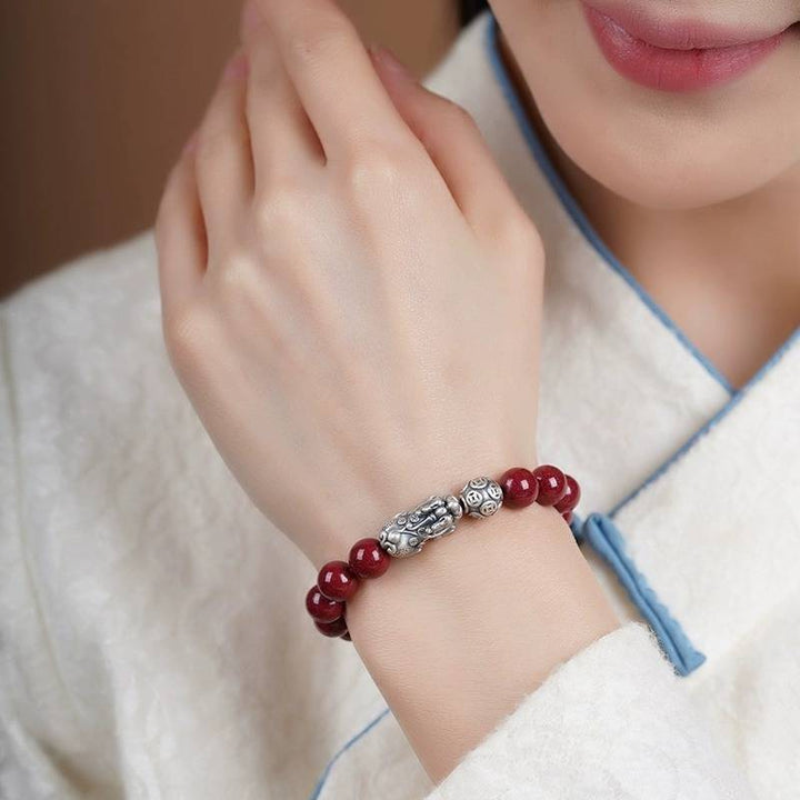Wealth Guardian Pixiu Cinnabar Bracelet - Peace &amp; Auspicious Fortune - on-wrist wearing display