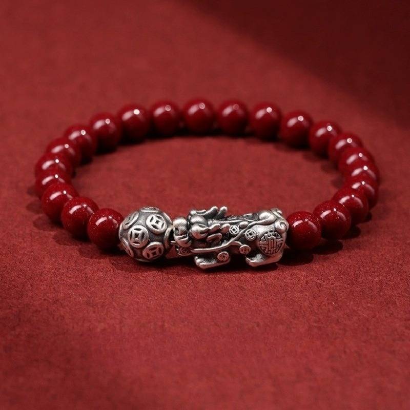 Wealth Guardian Pixiu Cinnabar Bracelet - Peace &amp; Auspicious Fortune - staged shot for 6mm bead size