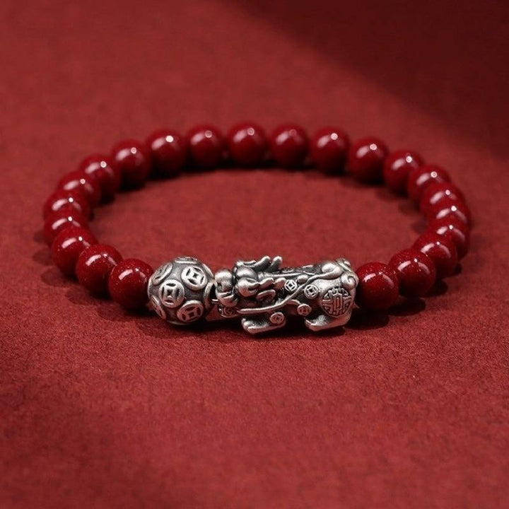 Wealth Guardian Pixiu Cinnabar Bracelet - Peace &amp; Auspicious Fortune - staged shot for 6mm bead size
