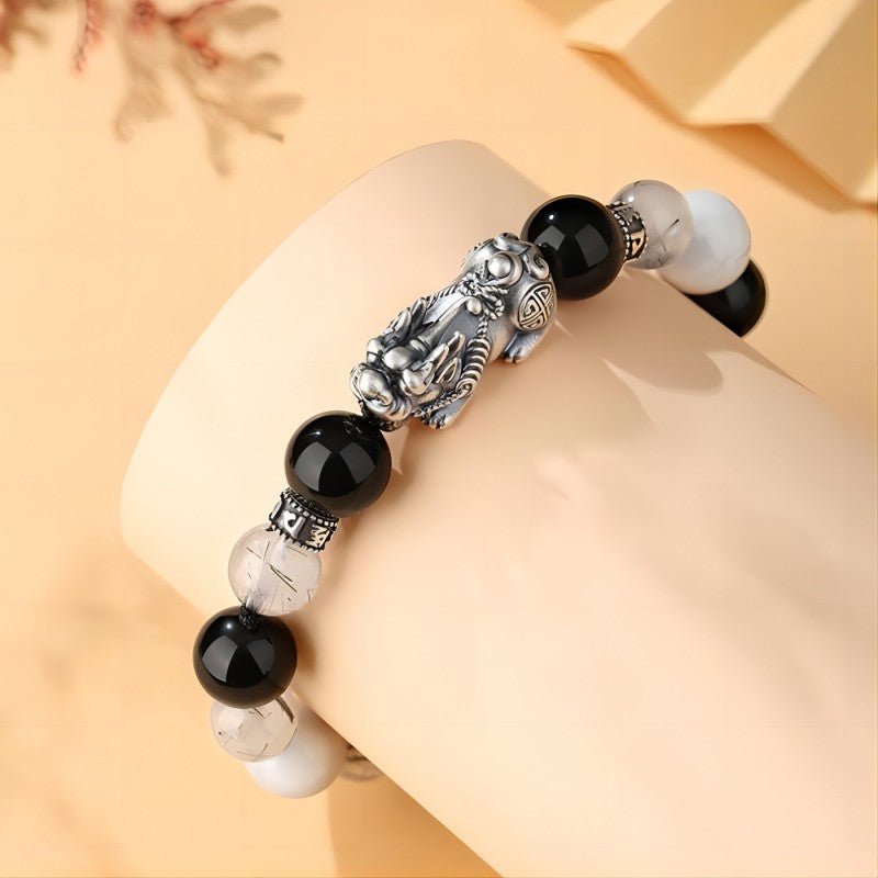 Wealth Guardian Pixiu Charm Bracelet - Protection & Grounding - Wearing display shot of mix obsidian bracelet for men