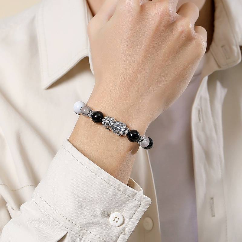 Wealth Guardian Pixiu Charm Bracelet - Protection &amp; Grounding - On wrist shot of mix obsidian bracelet for men