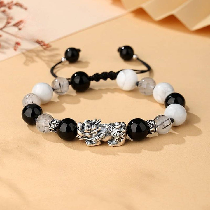 Wealth Guardian Pixiu Charm Bracelet - Protection &amp; Grounding - Staged shot of mix obsidian bracelet for men