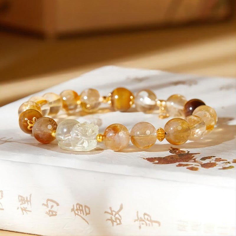 Wealth Guardian Pixiu Citrine Bracelet - Confidence & Prosperity - shot focus on lemon quartz Pixiu