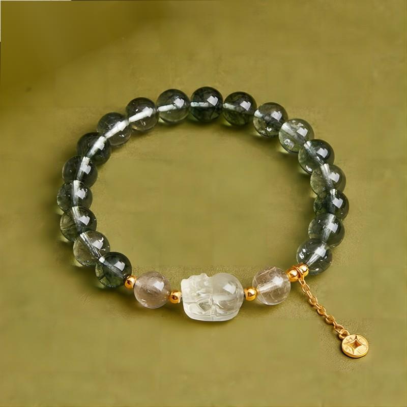 Wealth Guardian Pixiu Green Phantom Quartz Bracelet - Growth • Protection • Vitality - top view staged shot