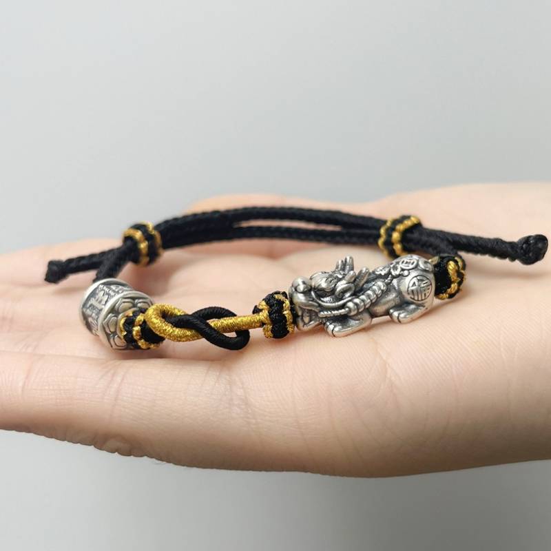 Wealth Guardian Sterling Slive Pixiu &amp; Mantra Braid Cord Bracelet - Protection • Fortune • Blessing - on-hand shot