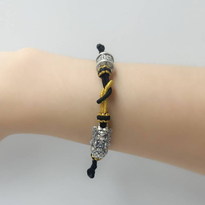 Wealth Guardian Sterling Slive Pixiu &amp; Mantra Braid Cord Bracelet - Protection • Fortune • Blessing - on-wrist shot