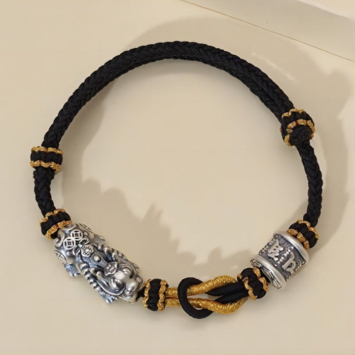 Wealth Guardian Sterling Slive Pixiu &amp; Mantra Braid Cord Bracelet - Protection • Fortune • Blessing - top view shot