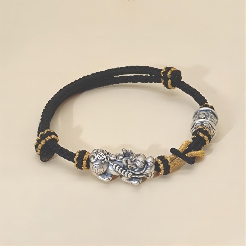 Wealth Guardian Sterling Sliver Pixiu & Mantra Braid Cord Bracelet - Protection • Fortune • Blessing - staged shot