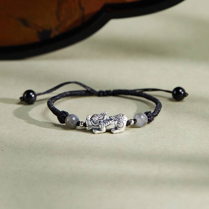 Wealth Guardian Sterling Sliver Pixiu Moonstone Braid Cord Bracelet - Fortune • Calm • Protection - staged shot