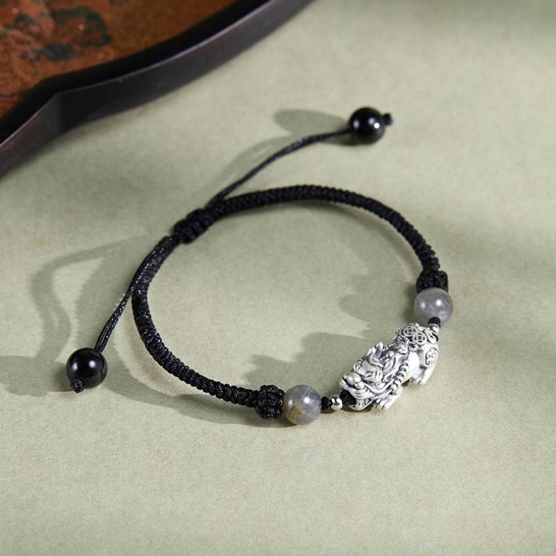 Wealth Guardian Sterling Sliver Pixiu Moonstone Braid Cord  Bracelet - Fortune • Calm • Protection - top view staged shot