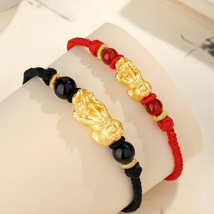 Wealth Guardian Silver-gilt Pixiu Obsidian Braid Cord Bracelet - Protection • Fortune • Strength - all in one wearing display