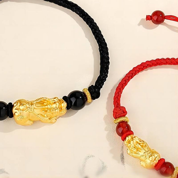 Wealth Guardian Silver-gilt Pixiu Obsidian Braid Cord Bracelet - Protection • Fortune • Strength - all in one close-up shot