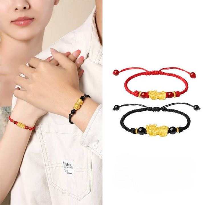 Wealth Guardian Silver-gilt Pixiu Obsidian Bracelet - Protection • Fortune • Strength - for couple
