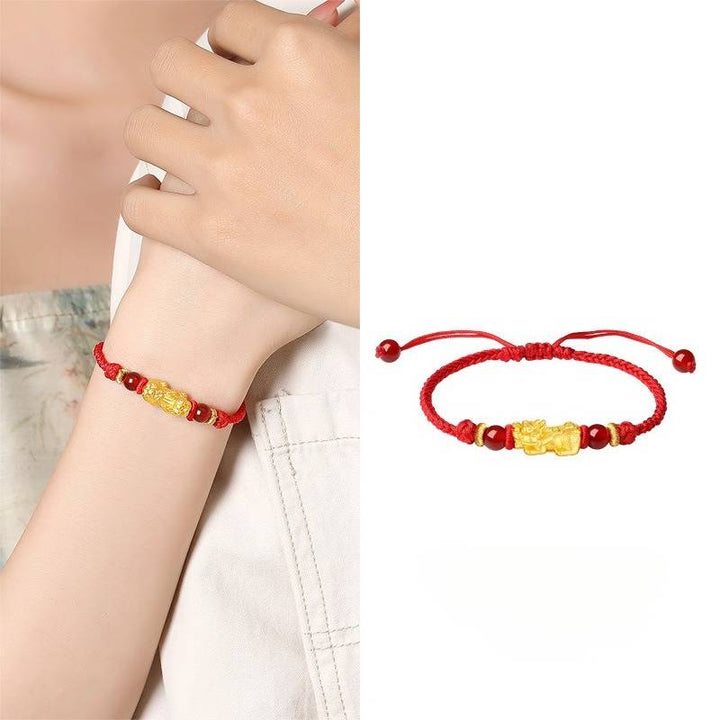 Wealth Guardian Silver-gilt Pixiu Obsidian Braid Cord Bracelet - Protection • Fortune • Strength - for women&