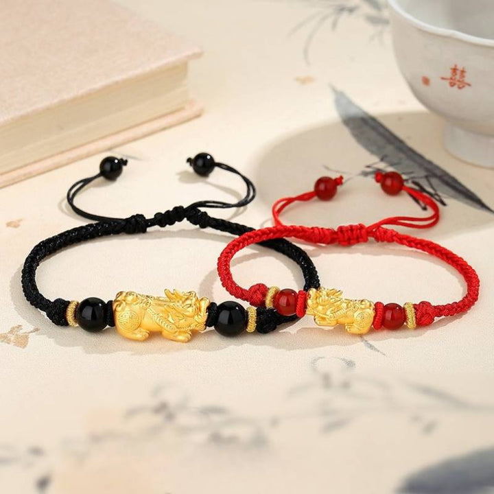 Wealth Guardian Silver-gilt Pixiu Obsidian Braid Cord Bracelet - Protection • Fortune • Strength - all in one front view