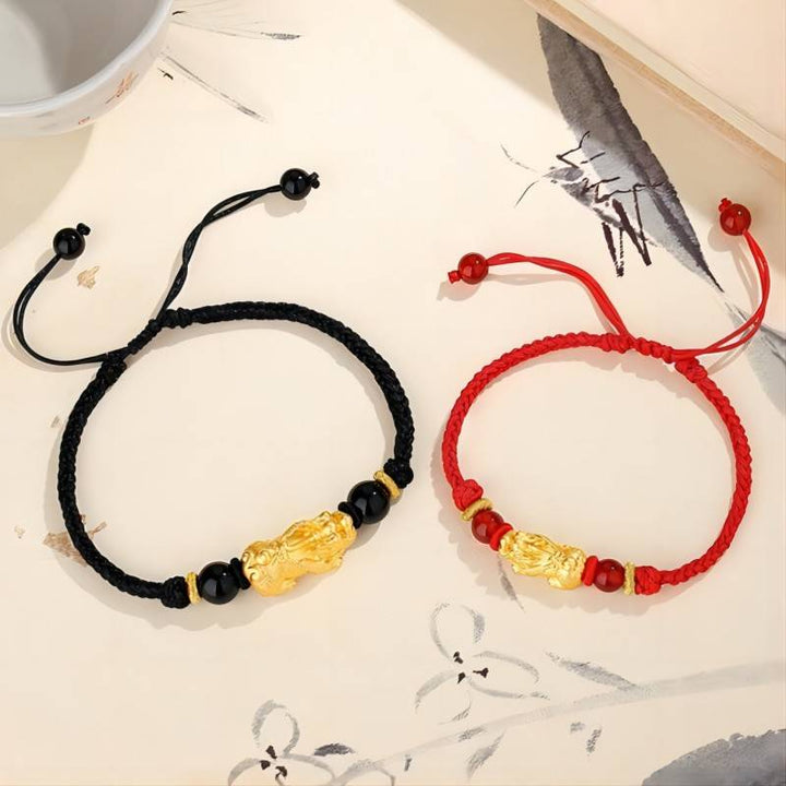 Wealth Guardian Silver-gilt Pixiu Obsidian Braid Cord Bracelet - Protection • Fortune • Strength - all in one top view