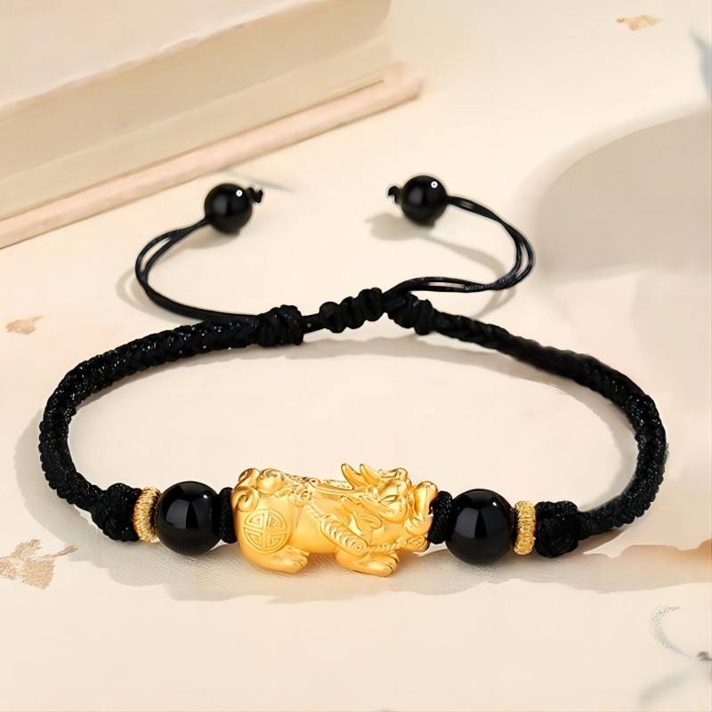 Wealth Guardian Silver-gilt Pixiu Obsidian Braid Cord Bracelet - Protection • Fortune • Strength - black string style