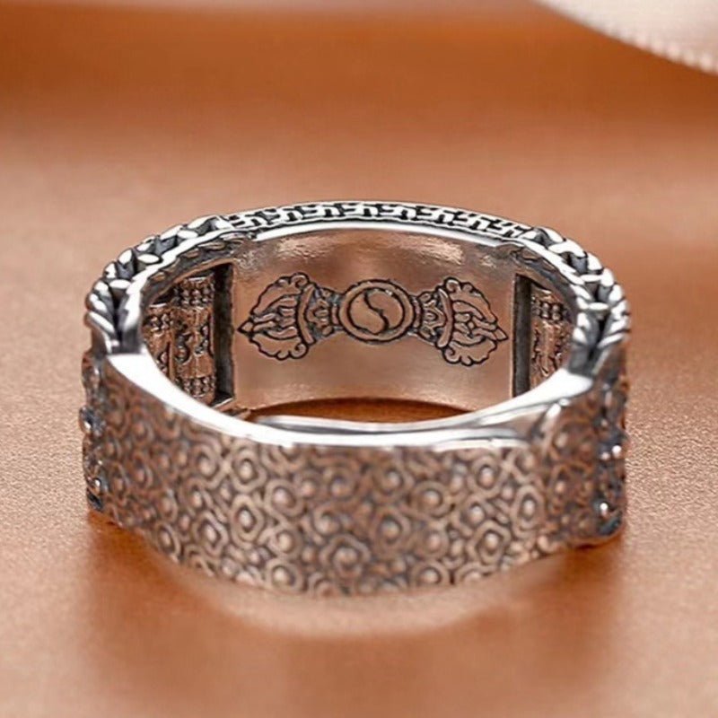 Wealth Guardian Pixiu &amp; Spinning Prayer Wheels Ring - close up shot of the sterling ring&