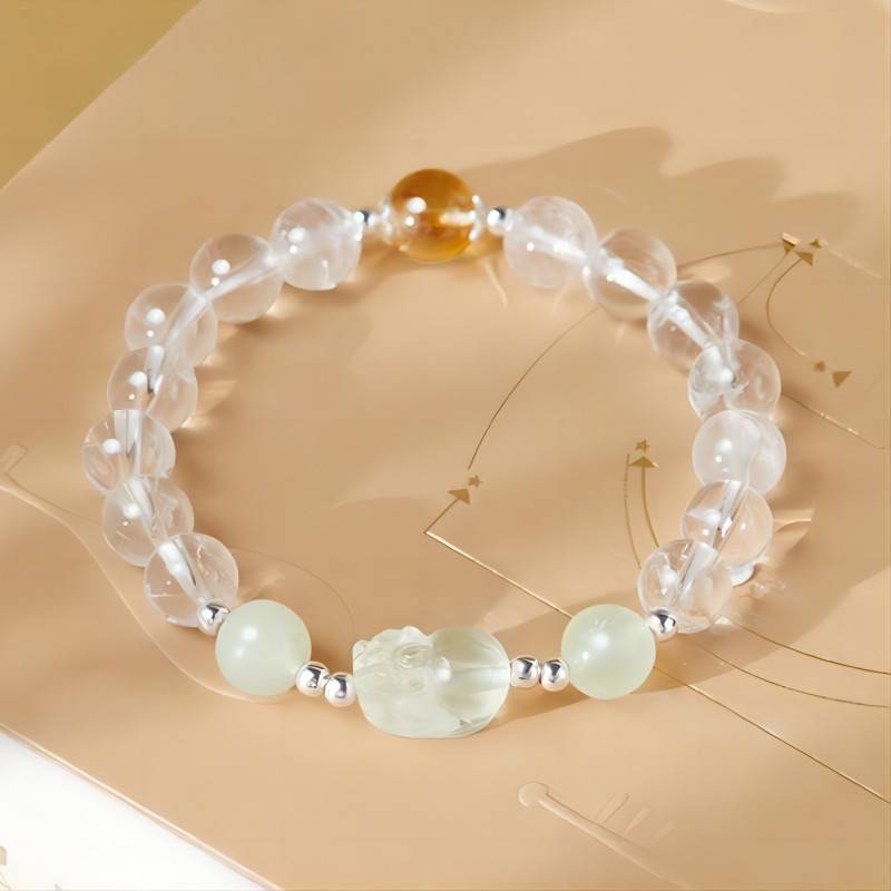 Wealth Guardian Pixiu White Crystal Bracelet - Fortune & Abundance - top view staged shot