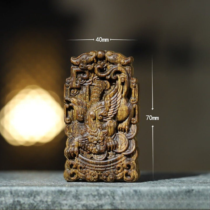 Wealth Guardian Winged Pixiu Pendant - Protection &amp; Celestial Blessing - third front view of the agarwood pendant