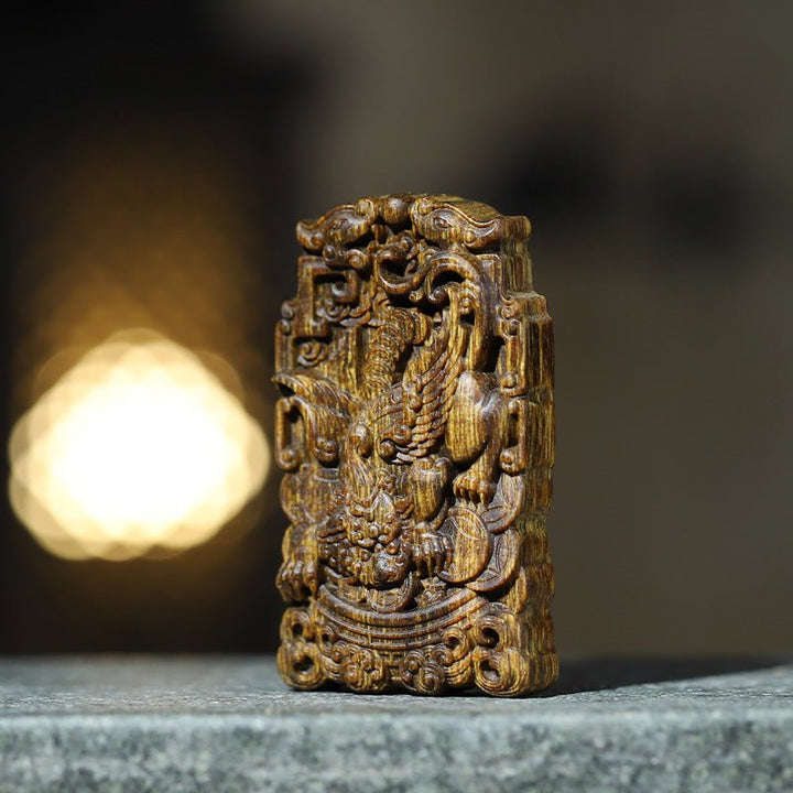 Wealth Guardian Winged Pixiu Pendant - Protection &amp; Celestial Blessing - second front view of the agarwood pendant