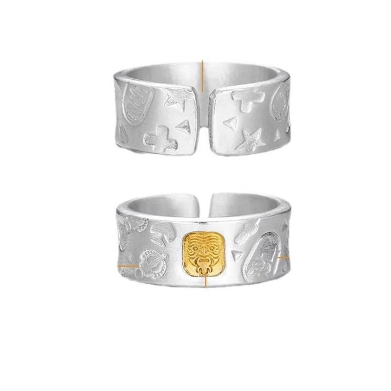 Wealth Guardian Zhamo Lama Charm Ring - Fortune &amp; Well-Being - Sterling silver adjustable ring with engraved symbols