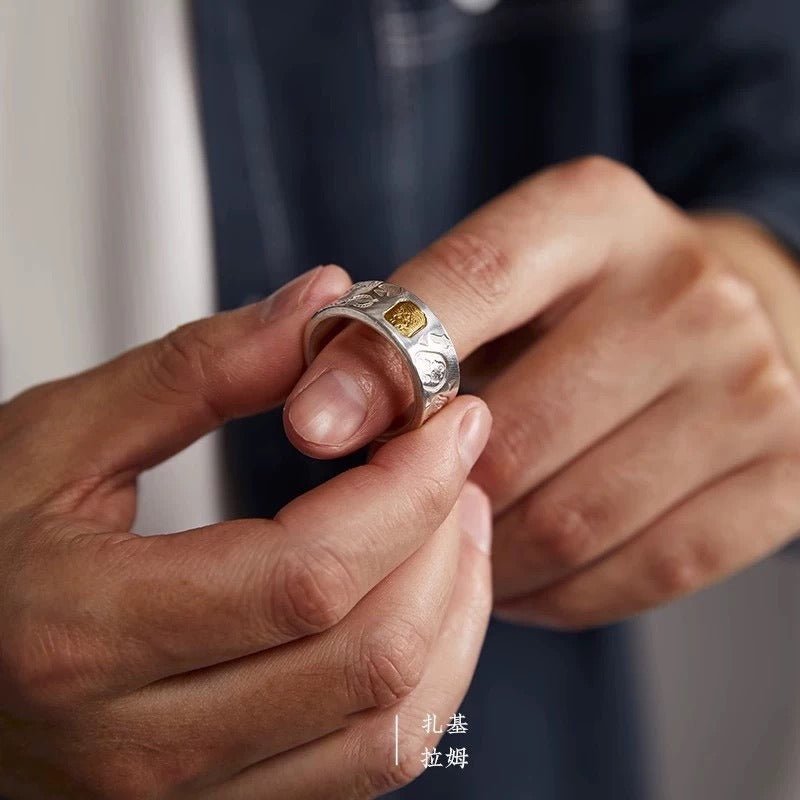 Wealth Guardian Zhamo Lama Charm Ring - Fortune &amp; Well-Being - Sterling silver ring wearing example