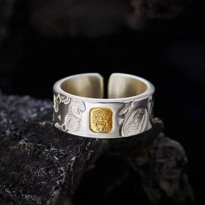 Wealth Guardian Zhamo Lama Charm Ring - Fortune & Well-Being - close up shot of the sliver ring's symbol