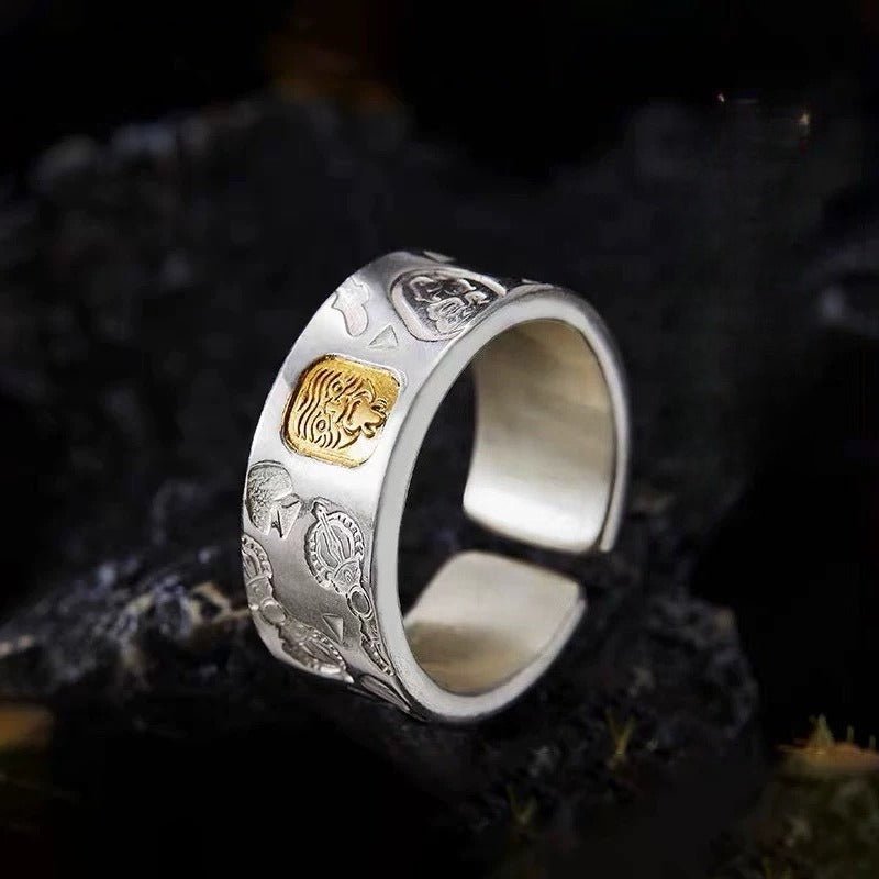 Wealth Guardian Zhamo Lama Charm Ring - Fortune & Well-Being - close up shot of the sliver ring