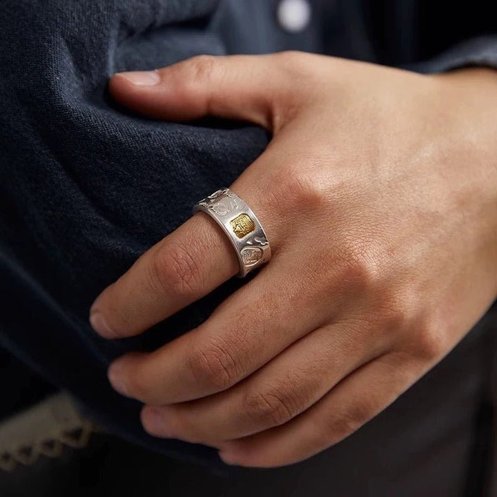 Wealth Guardian Zhamo Lama Charm Ring - Fortune &amp; Well-Being - Sterling silver ring worn on finger